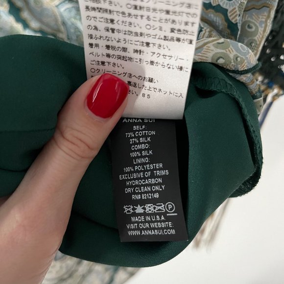 Anna Sui Green White Printed Lace Detail V-Neck Sleeveless Mini Dress 4 Silk - Picture 9 of 10